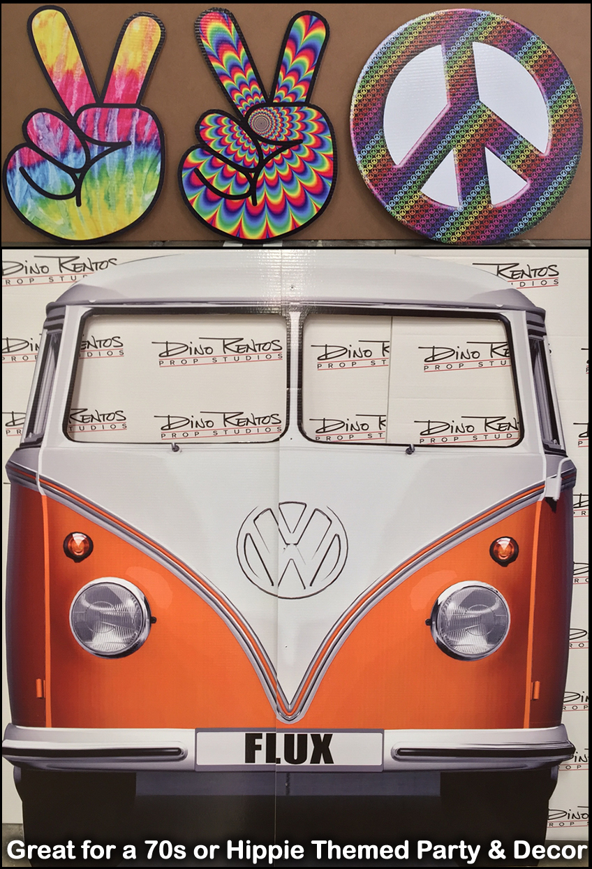 70s Hippie Themed Cardboard Cutout Props and Displays Cardboard Peace Symbol and VW Van